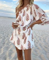 Simple Plant Print Pleated Diagonal Shoulder Lantern Sleeve Casual Loose Fitting Dress