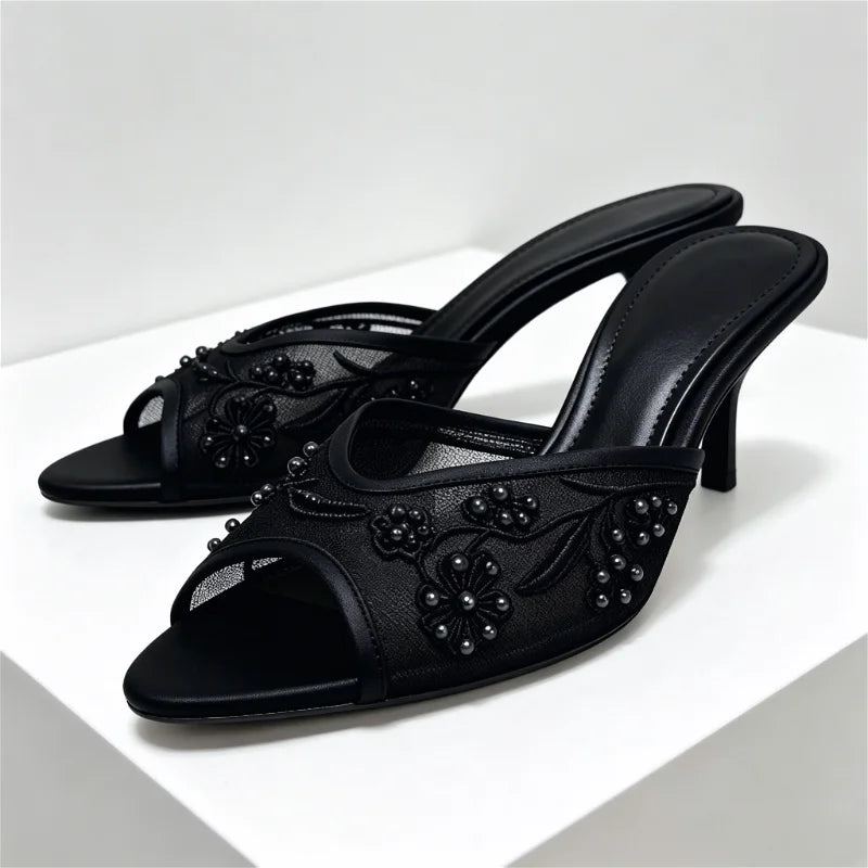 Mesh Embroidery String Bead Slippers Peep Toe Thin Heel