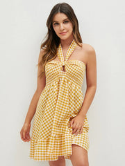 Check Print Smocked Self Tie Halter Cut Out Open Back Dress