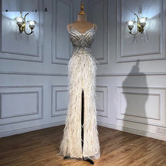 Split Feathers Beaded Mermaid Evening Dresse