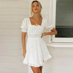 Square Collar Puff Sleeve Ruffled Dress Beach Dress