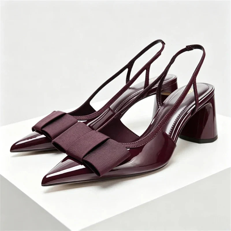 Burgundy Patent Leather Designer Pumps Pointed Toe Chunky High Heel
