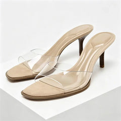 Transparent Pvc Wide Strap Mules Slippers Pointed Toe Thin Heel