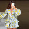 Elegant V-neck A-line High Waist Print Ruffle Long Puff Sleeve Short Mini Dress