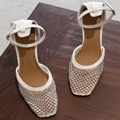Luxury Mesh Rhinestone Designer Sandals Buckle Ankle Strap Square Toe Slide Sandals Hollow Ladies Shoe