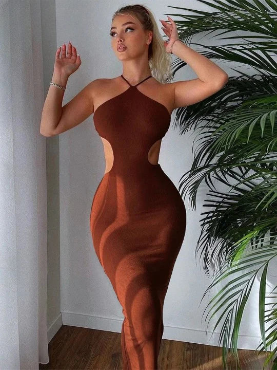 Elegant Halter Neck Beautiful Back Waistless Sleeveless Dress