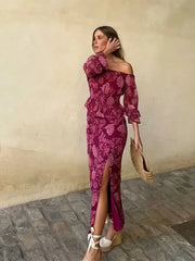 Casual One-Shoulder Slim Long-Sleeved High Straight Slit printed Suit