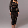 Elegant Long Sleeved Mesh Spliced Diagonal Shoulder Mid Length Skirt Pleated Midi Dress