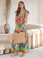 Bohemian Floral Print Shirred Backless Maxi Slip Dress Resort Wear