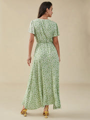 Floral Print Slit Knotted Short Sleeve Big Swing Maxi Dress