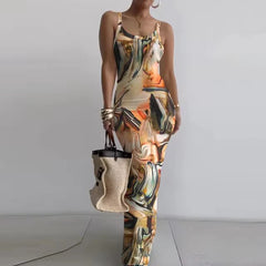 Elegant Marble Print U-Neck Sleeveless Party Night Prom Club Maxi Dress