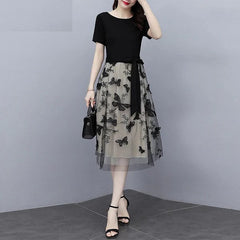 Mesh Casual O Neck Short Sleeve Midi Dress