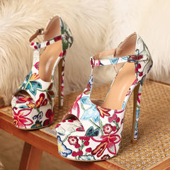 Design Totem Embroidery Platform Sandals Stiletto High Heel