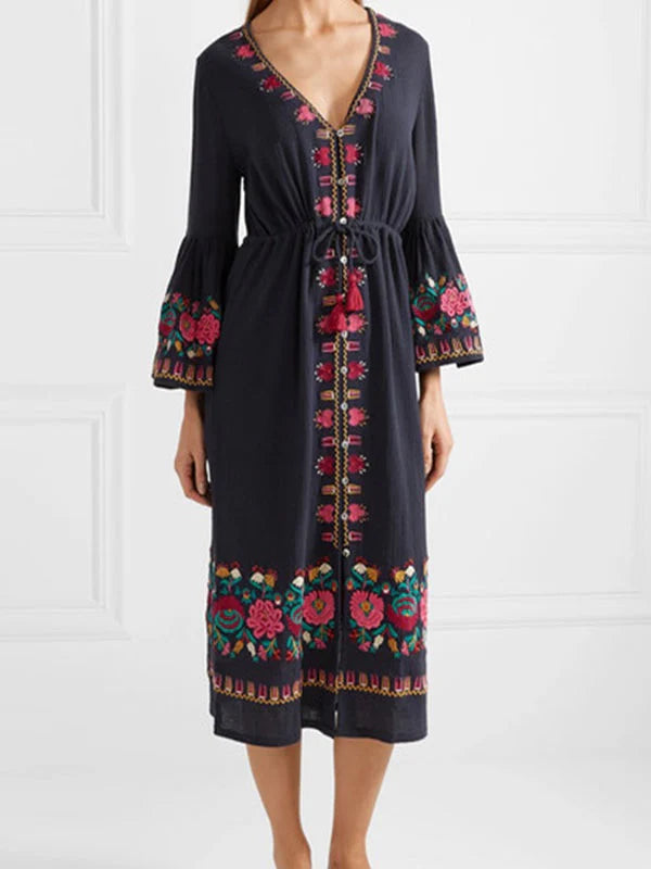 Embroidered Drawstring Tassel V Neck Bell Sleeves Dress