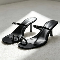 Unique Metal Buckle Detail Mule Sandals Cozy Adjustable Narrow-band Kitten-heel Slide Sandals Elegant Clip Toe Flip Flops