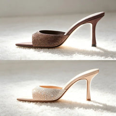 Luxury Rhinestone Detail Mules Sandals Round-Toe Open-Toe Slide Sandals High-Quality Silk Stiletto Evening Pumps