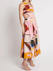 Casual Round Neck Sleeveless Off Shoulder Hollow Out High Pleated Dress