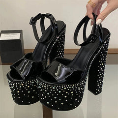 Street Style Crystal Diamond Open Toe Buckle Strap Sandals Ultra Chunky High Heel