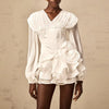 Casual V Neck Long Sleeves Patchwork Flower Solid Ruffle Folds Mini Dresses