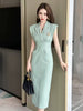 Elegant Turn-Down Collar Office Solid Notched Neck Pencil Midi Dress