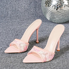 Street Style Pointed Toe Embroidery Breathable Mesh Slippers Thin High Heel