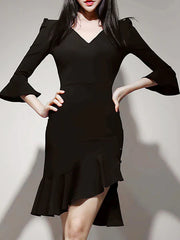 Ruffles Long Sleeves V Neck Slim Fit Bodycon Dresses