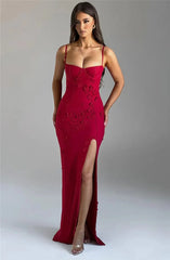 Elegant 3D Flower Spaghetti Strap Thigh High Split Maxi Dress