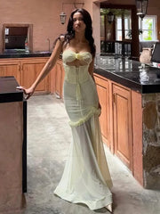 Elegant Patchwork Mesh Ruffles Hollow Vacation Birthday Party Maxi Fishtail Dress