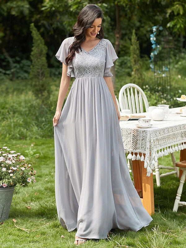 Prom A-Line Lace Short Sleeves Lace Long Party Dresses