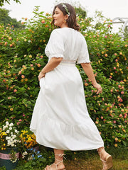 Plus Size Patchwork Ruffle Trim Short Sleeve Maxi Dress