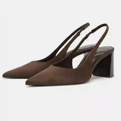 Brown Faux Suede Chunky Pumps Pointed Toe Slingback High Heel