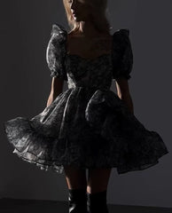 Elegant Classic Pleated Loose Print Square Collar Short Sleeve Mini Dresses