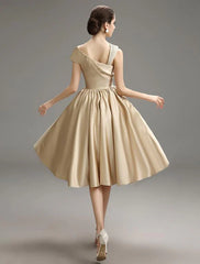 Casual Pleated Satin Fabric Cocktail Knee-Length Dress