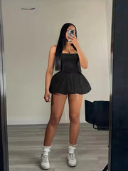 Casual Bandage Backless Lace Patchwork Stretch Puffy Mini Dress