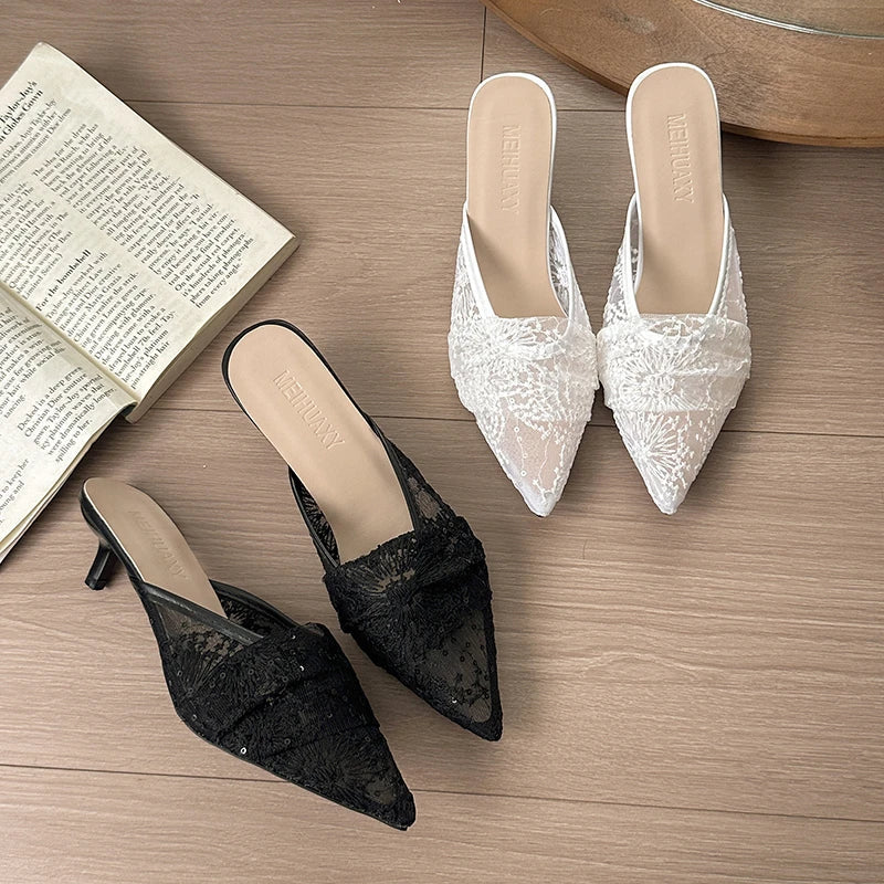 French Mesh Breathable Closed Toe Half Slippers for Outdoor Wear with Skirt Sandals Low Heel