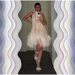 Elegant Shiny Feather Patchwork Halter Mini Dress