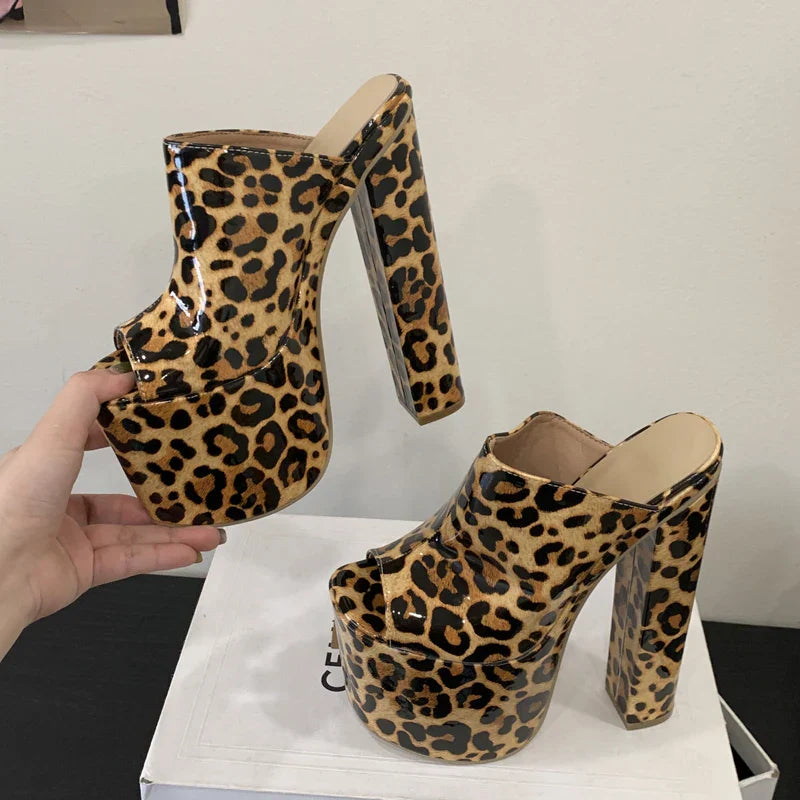 Designer Leopard Print Thick Platform Peep Toe Slippers Street Style Super Square High Heel