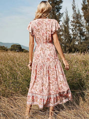 Floral Casual V Neck High Waist Ruffle Print Dress