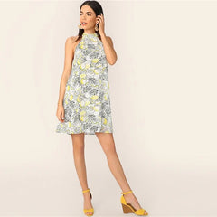 Casual Lemon Print Halter Short Mini Dress