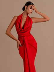Casual Stain Sleeveless Draped Design Swinging Collar Backless Pleated Long Maxi Dress