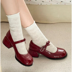 Burgundy Patent Leather Mary Jane Pumps - Vintage-Inspired Double Gold Buckle Low Block Heel
