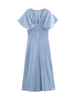 Elegant Solid Satin Zipper Synthetic fiber V Neck Short Sleeve Midi Dress