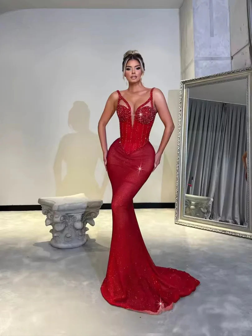Elegant Sparkling Mermaid Sequins Strappy Sleeveless Maxi Dress Gown