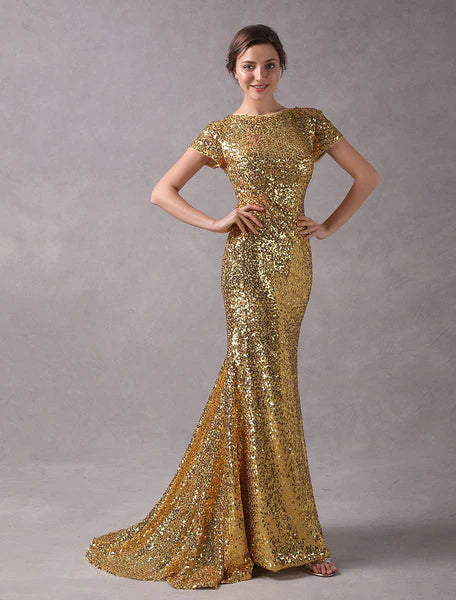 Evening Dresses Light Gold Mermaid Short Sleeve Formal Dress With Train