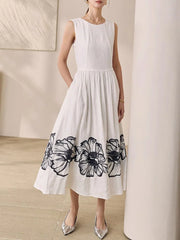 Printing O Neck Sleeveless High Waist Temperamnet Long Dress