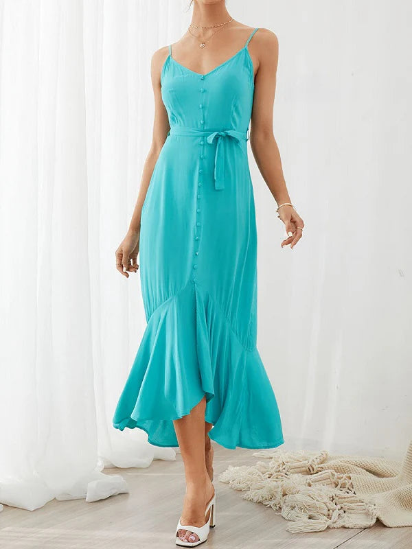 Sleeveless Backless Knotted Breasted Ruffle Hem Strap Dress