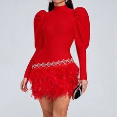 Rhinestones Turtleneck zipper Long Sleeves Feather Cocktail Party Bandage Dress