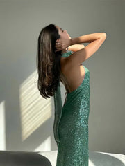 Chic Glitter Sequins Backless Halter Lace Up Bodycon Maxi Dress
