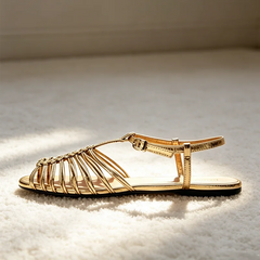 Cage Flat Sandals Metallic Finish Ankle Strap Buckle Gladiator Sandals for Girls Luxury Designer Shoes