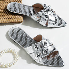 Pointed Toe Metal Decoration Flat Sandals 43 Large Size Open-toe Sandals Comfortable Non-slip Vacation Beach Shoes
